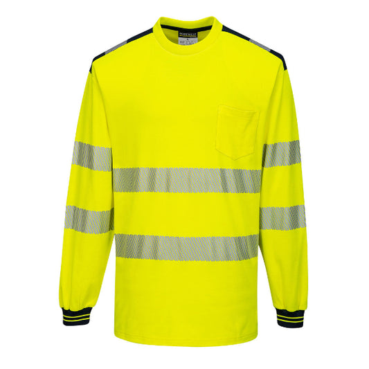 High-visibility yellow long-sleeve shirt with reflective stripes on a white background