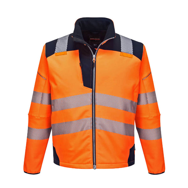 Portwest PW3 Hi-Vis Softshell Jacket in orange with reflective stripes, multiple pockets, and a zippered front.