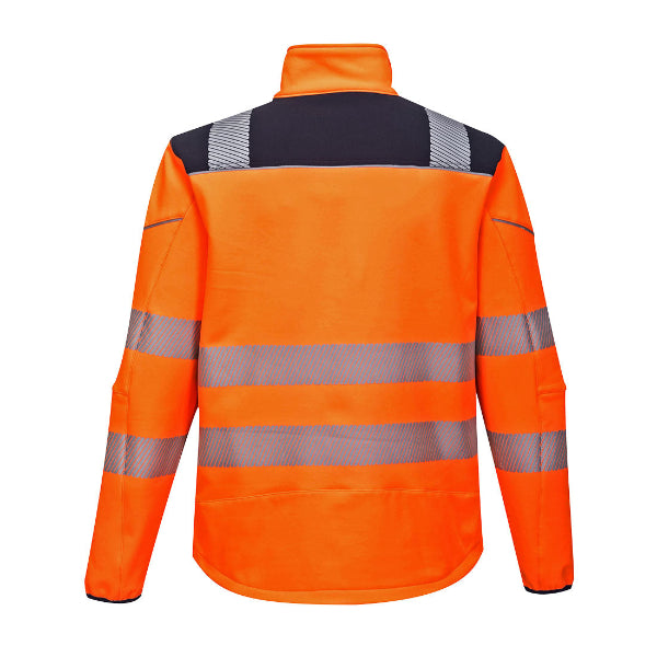 Orange safety jacket with reflective stripes on a white background.