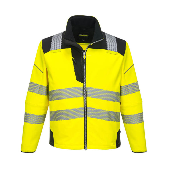 Portwest PW3 Hi-Vis Softshell Jacket in orange with reflective stripes, multiple pockets, and a zippered front.