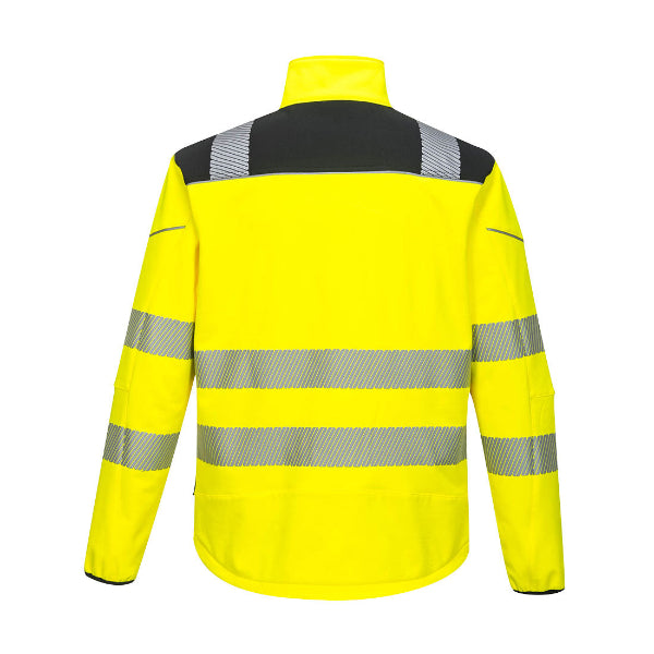 Yellow safety jacket with reflective stripes on a white background.