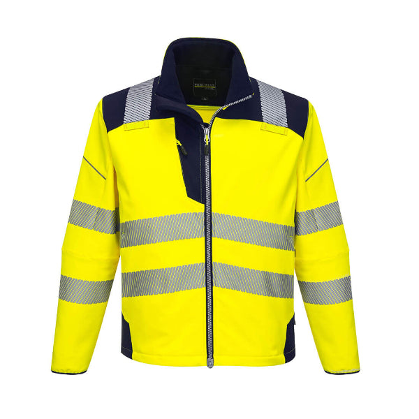 Portwest PW3 Hi-Vis Softshell Jacket in orange with reflective stripes, multiple pockets, and a zippered front.