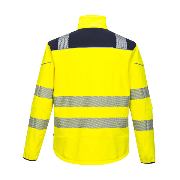 Yellow safety jacket with reflective stripes on a white background.