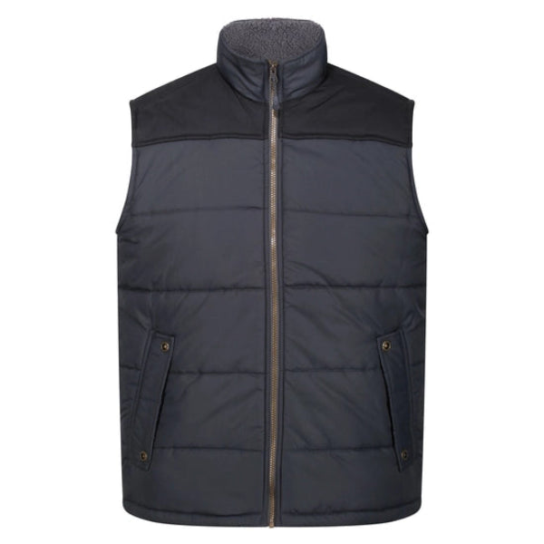 Men's navy bodywarmer with a high pile fleece-lined collar, zip pockets, and shoulder overlays.