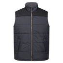 Men's navy bodywarmer with a high pile fleece-lined collar, zip pockets, and shoulder overlays.