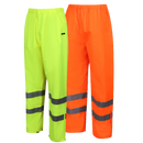 Two pairs of high-visibility pants, one green and one orange, on a white background.