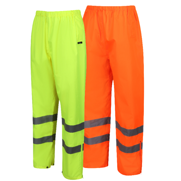 Two pairs of high-visibility pants, one green and one orange, on a white background.