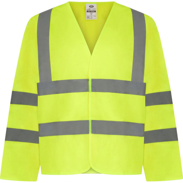 A high visibility yellow waistcoat with long sleeves and reflective silver stripes, featuring a band and brace.