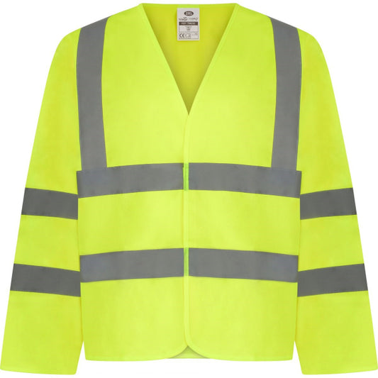 A high visibility yellow waistcoat with long sleeves and reflective silver stripes, featuring a band and brace.