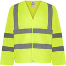 A high visibility yellow waistcoat with long sleeves and reflective silver stripes, featuring a band and brace.