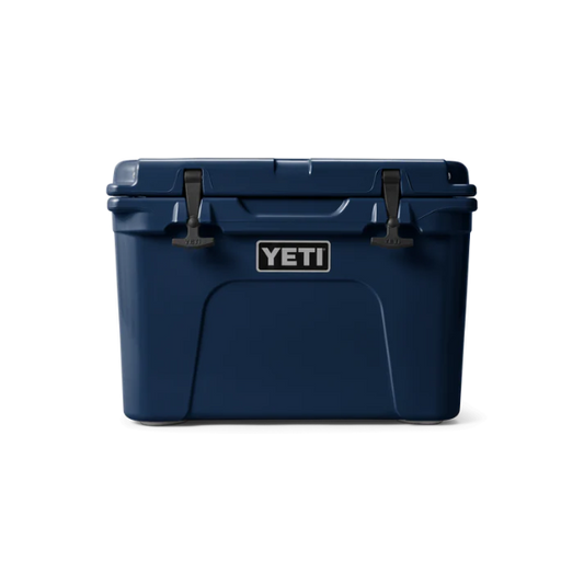 Navy YETI cooler box on a white background. Available at Kustom Workwear.
