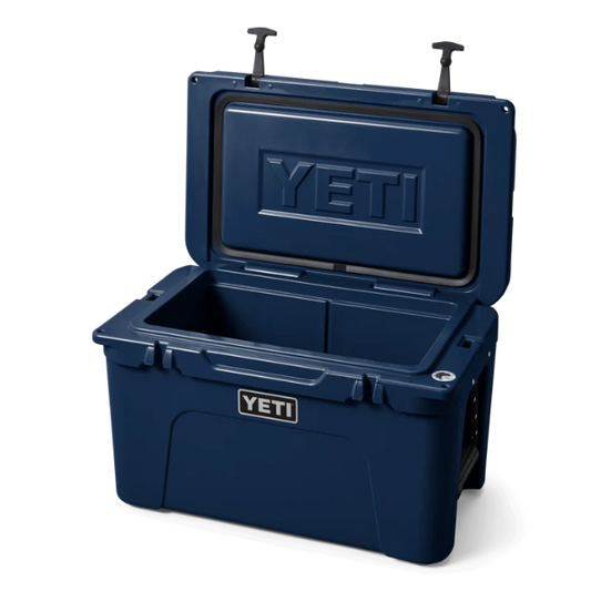 Blue YETI Tundra cooler box with open lid on a white background. Available at Kustom Workwear.