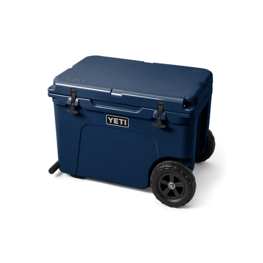 Blue YETI cooler with wheels on a white background. Available at Kustom Workwear.