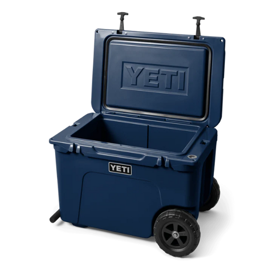 Blue YETI cooler with wheels on a white background. Available at Kustom Workwear.