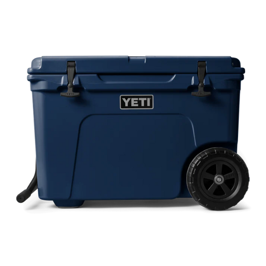 Blue YETI cooler with wheels on a white background. Available at Kustom Workwear.