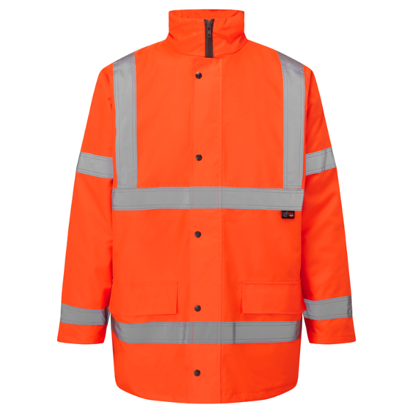 Orange safety jacket with reflective stripes on a white background.