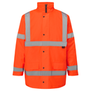 Orange safety jacket with reflective stripes on a white background.