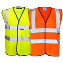 Two high-visibility safety vests, one yellow and one orange, on a white background.