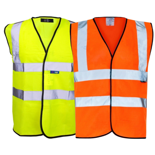 Two high-visibility safety vests, one yellow and one orange, on a white background.