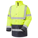 High-visibility jacket with reflective stripes on a white background.