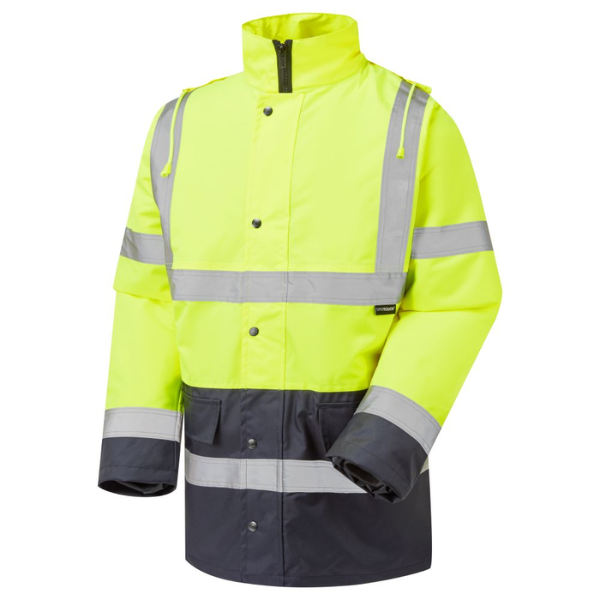 High-visibility jacket with reflective stripes on a white background.