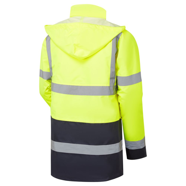 High-visibility jacket with reflective stripes on a white background.