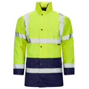 High-visibility jacket with reflective stripes on a white background.