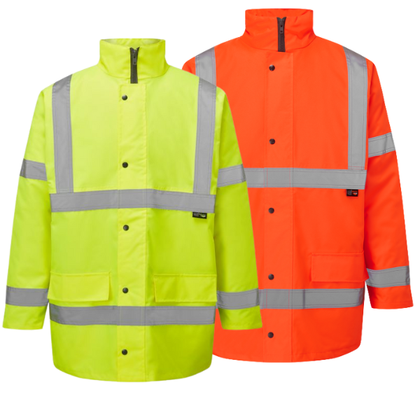 Two high-visibility jackets, one yellow and one orange, with reflective stripes on a white background.