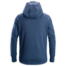 Blue hooded sweatshirt shown from the back on a white background.