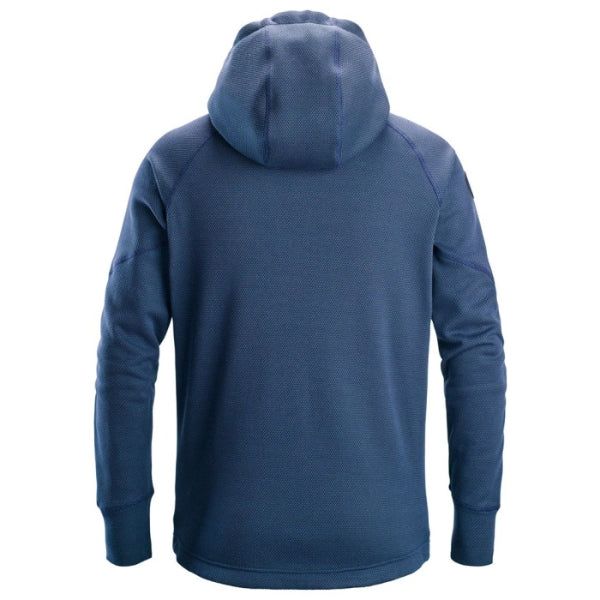 Blue hooded sweatshirt shown from the back on a white background.