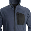 Blue Snickers full zip hoodie with black pocket on a white background.