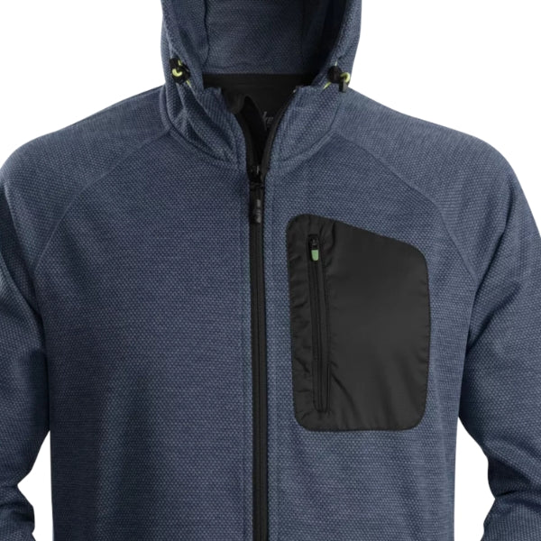 Blue Snickers full zip hoodie with black pocket on a white background.