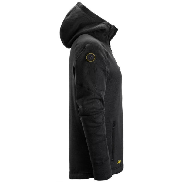 Black hoodie with a yellow Snickers logo on a white background.