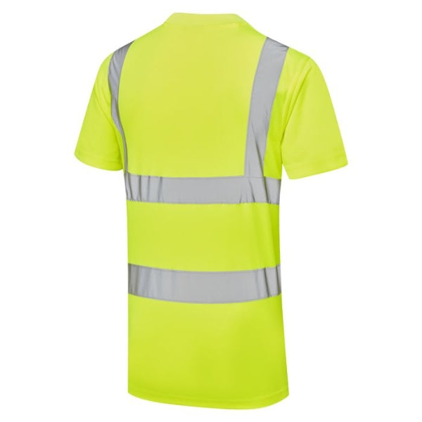 Supertouch hi vis yellow safety tee shirt with reflective stripes on a white background.