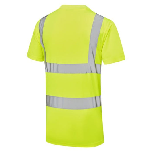 Supertouch hi vis yellow safety tee shirt with reflective stripes on a white background.