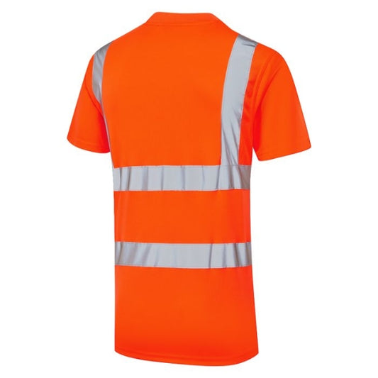 Orange Supertouch hi-vis safety t-shirt with reflective stripes on a white background.