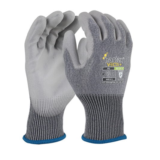 A pair of grey industrial gloves with a PU palm, designed for high-cut protection, displayed against a white background.