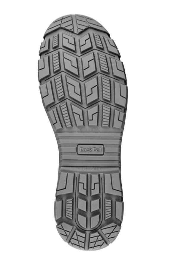 Close-up of a grey Rockfall Wilder boot sole with tread pattern on a white background.