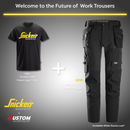 Snickers workwear t-shirt and trousers with promotional text on a gray background