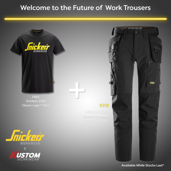 Snickers workwear t-shirt and trousers with promotional text on a gray background