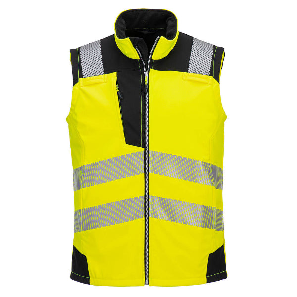 Yellow Portwest safety vest with reflective stripes on a white background.
