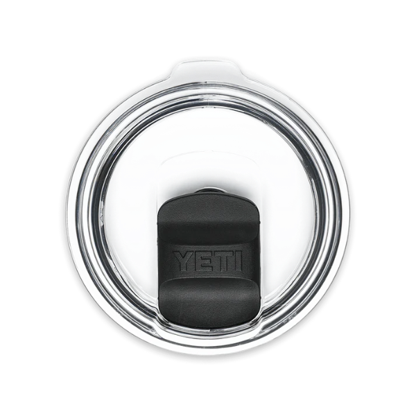 Clear YETI cup lid with black grip on a white background. Yeti Drinkware at Kustom Workwear Waterford.