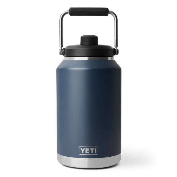 Navy YETI Rambler Jug with black lid on a white background. Shop Yeti Drinkware at Kustom Workwear.