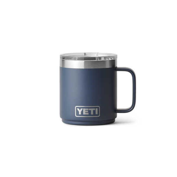 Blue YETI mug with a silver rim on a white background. Available at Kustom Workwear.