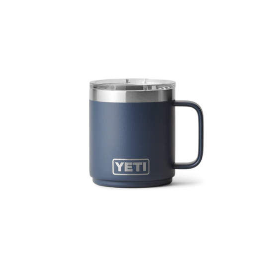 Blue YETI mug with a silver rim on a white background. Available at Kustom Workwear.