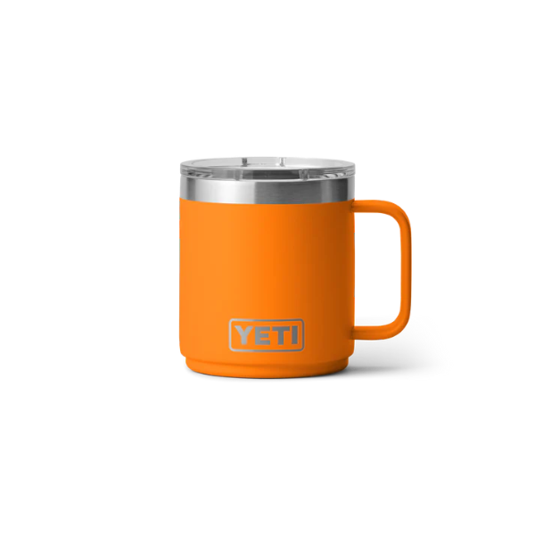 Orange YETI mug with a silver lid on a white background. Available at Kustom Workwear.