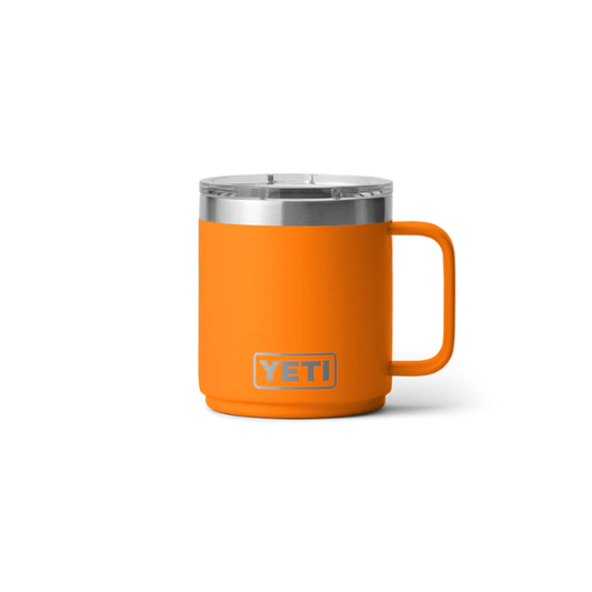 Orange YETI mug with a silver lid on a white background. Available at Kustom Workwear.