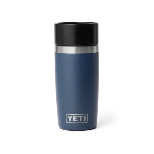 Navy YETI mug with black lid on a white background. Yeti Drinkware at Kustom Workwear Waterford.