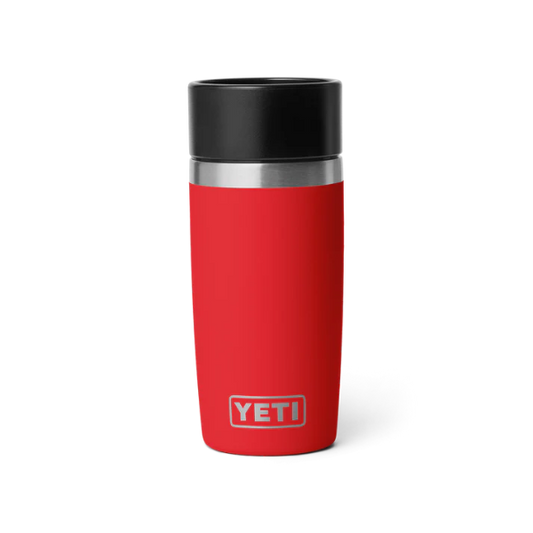 Red YETI mug with black lid on a white background. Yeti Drinkware at Kustom Workwear Waterford.