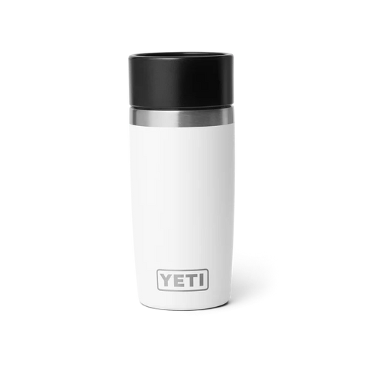White YETI mug with a black lid on a white background. Yeti Drinkware at Kustom Workwear Waterford.
